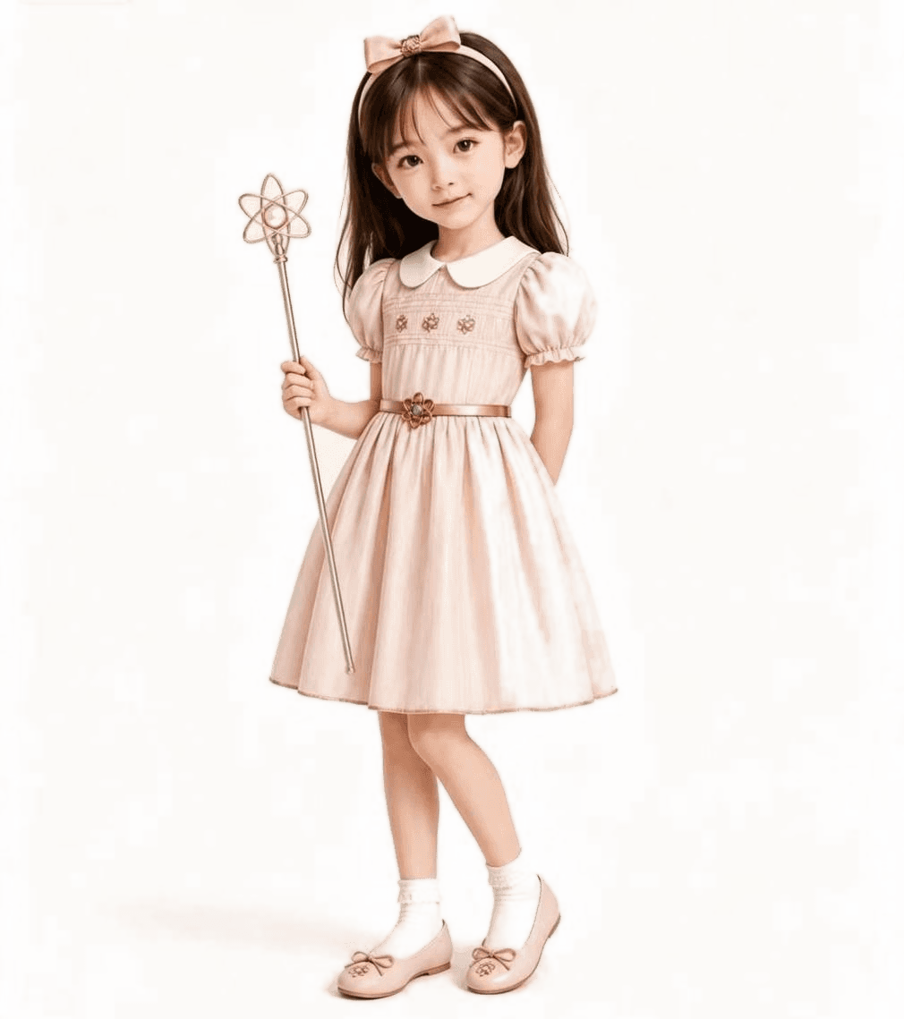 Atomi child Mimi in a pink puff dress holding an atom wand